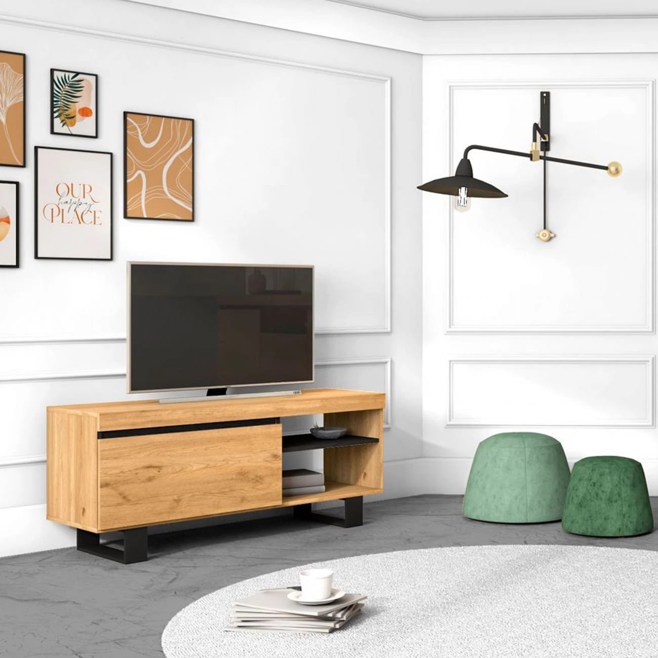 Mueble TV con almacenamiento en roble nude y ceniza 120 cm Ebos UP Roble Nude - Ceniza