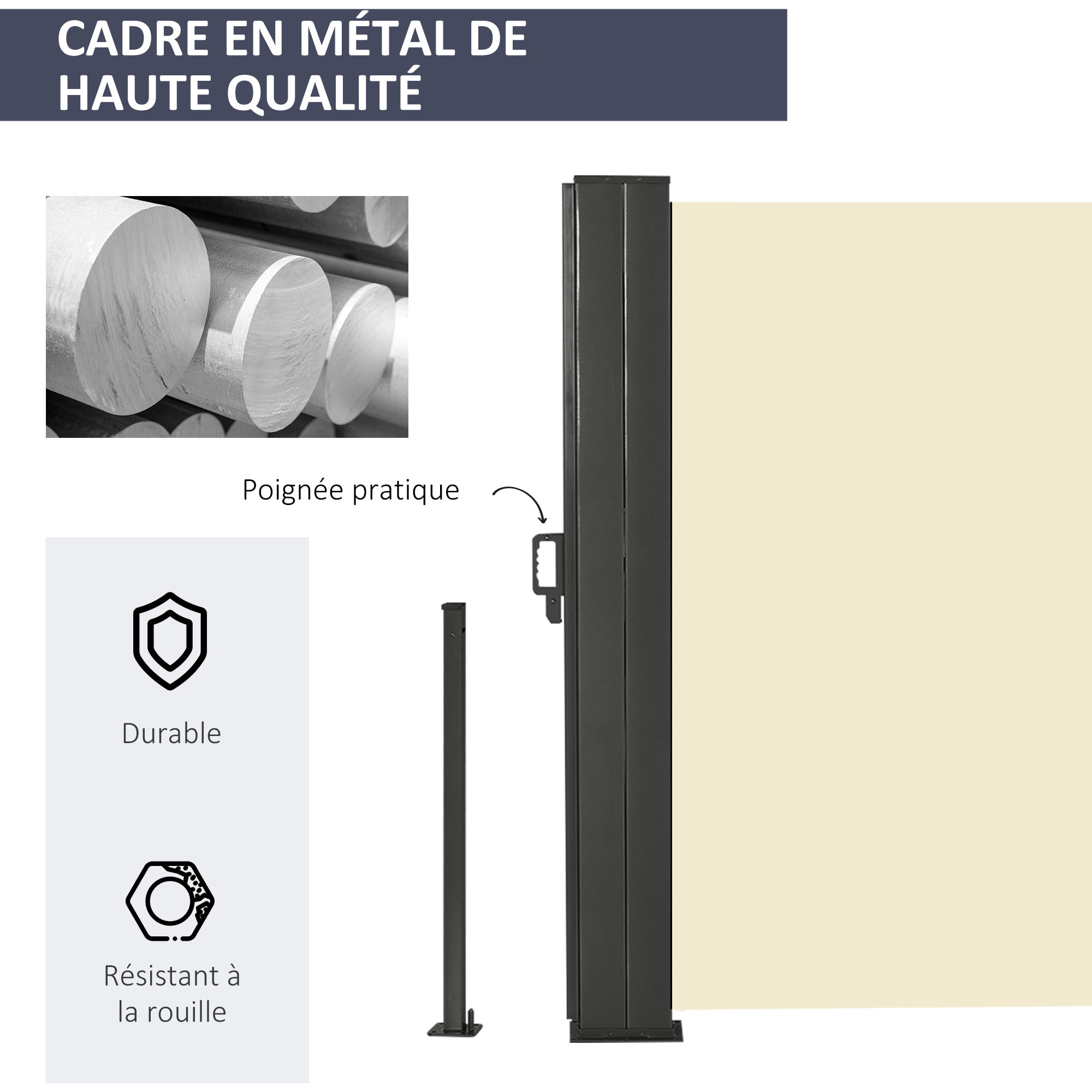 Double store latéral brise-vue paravent rétractable dim. 6L x 1,60H m polyester anti-UV haute densité crème