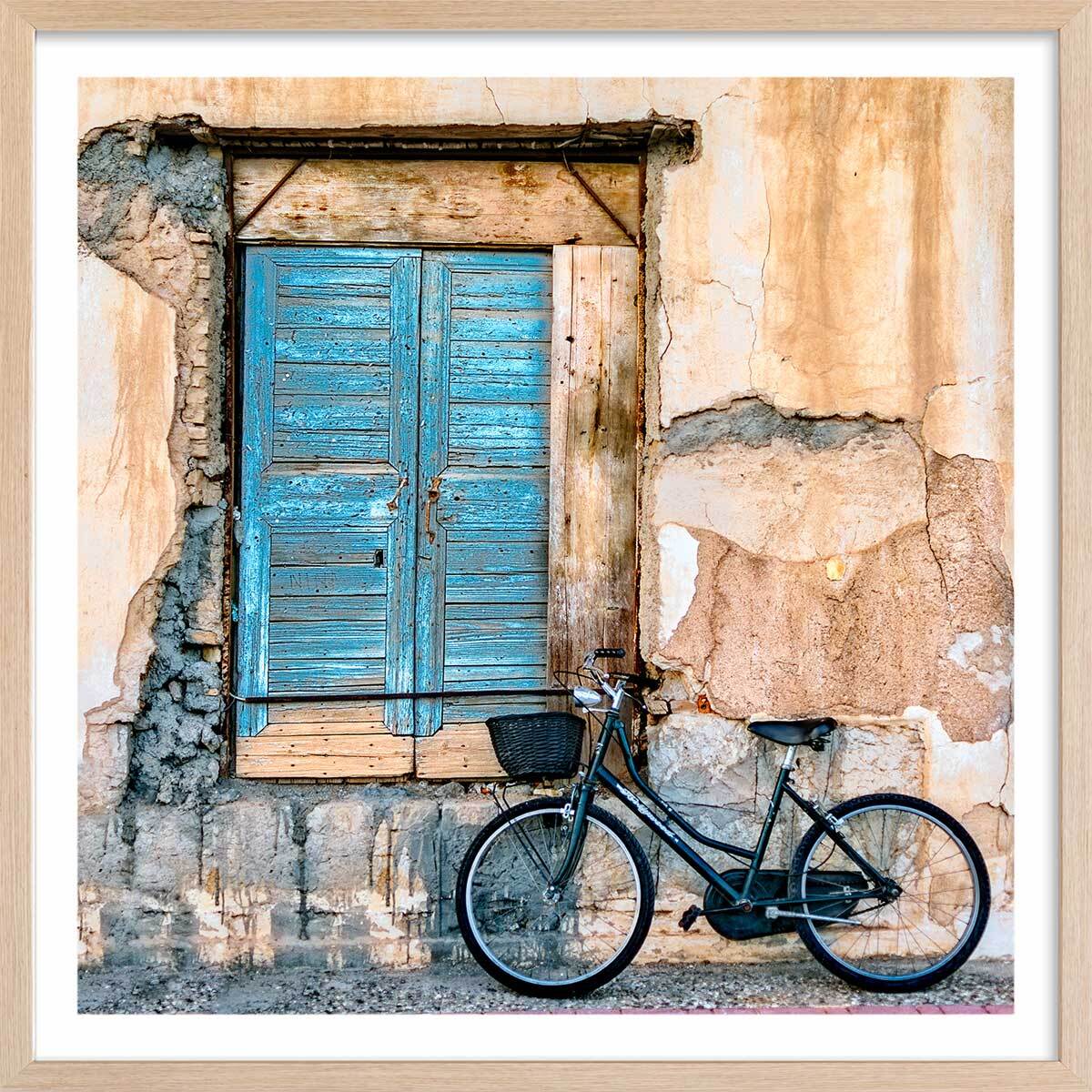 Poster bicyclette bleue Affiche + cadre en bois - Chêne