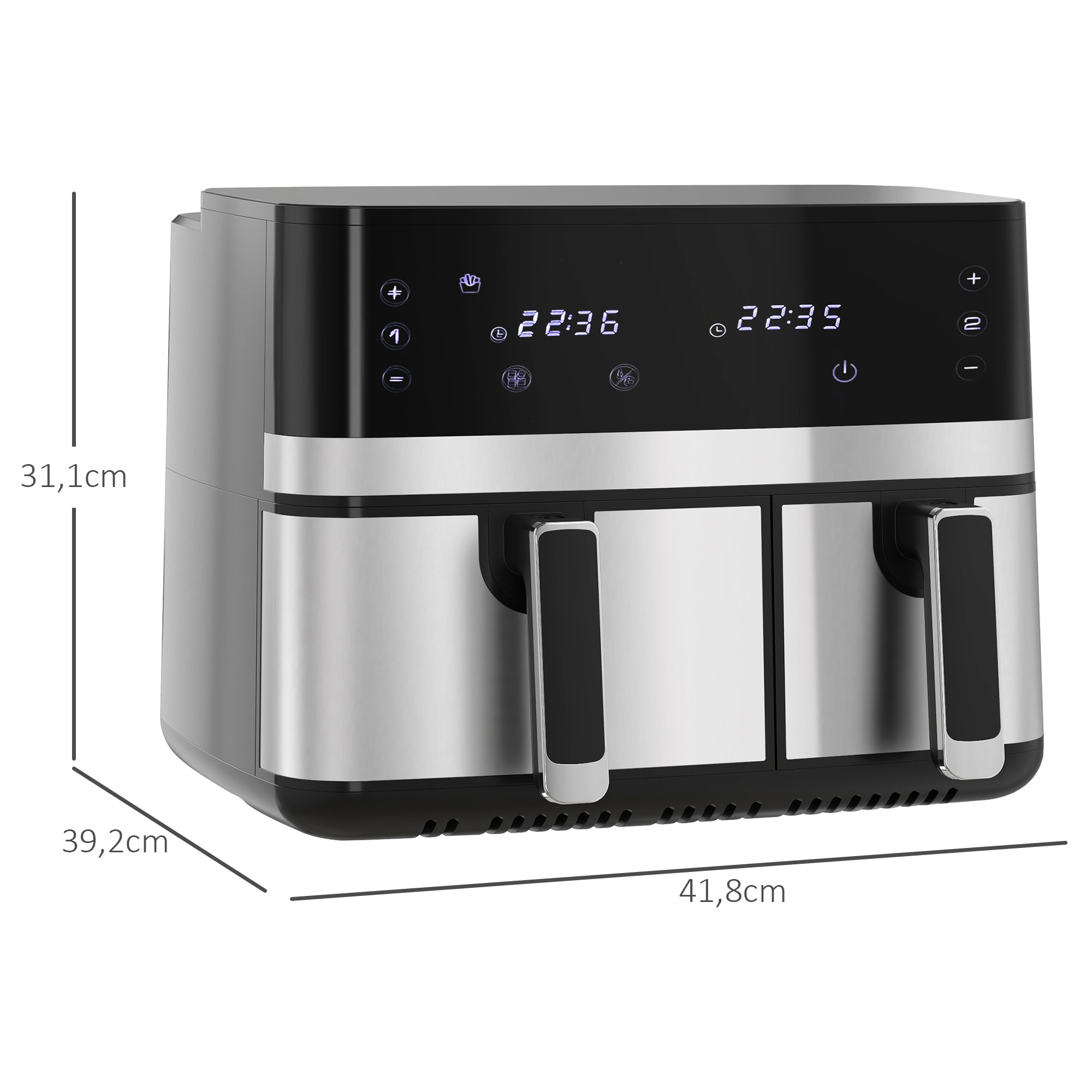 Friteuse à air 2700W - air fryer - double compartiment 8,5L - 8 programmes, température réglable, timer, 2 paniers - noir