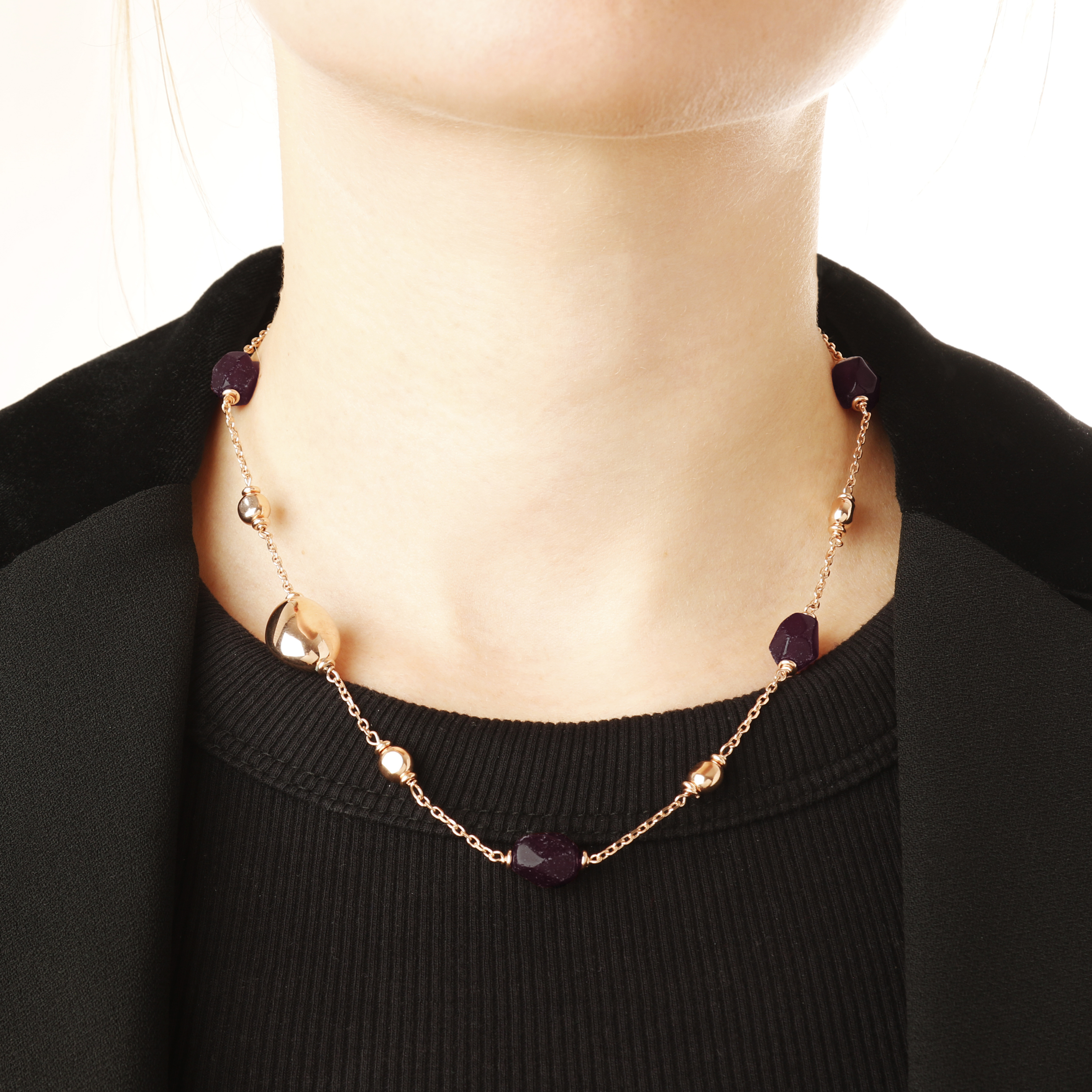 Collana Catena Rolo con Bead in Argento 925 placcato Oro 18kt e Pietra Naturale Sfaccettata Quarzo Viola