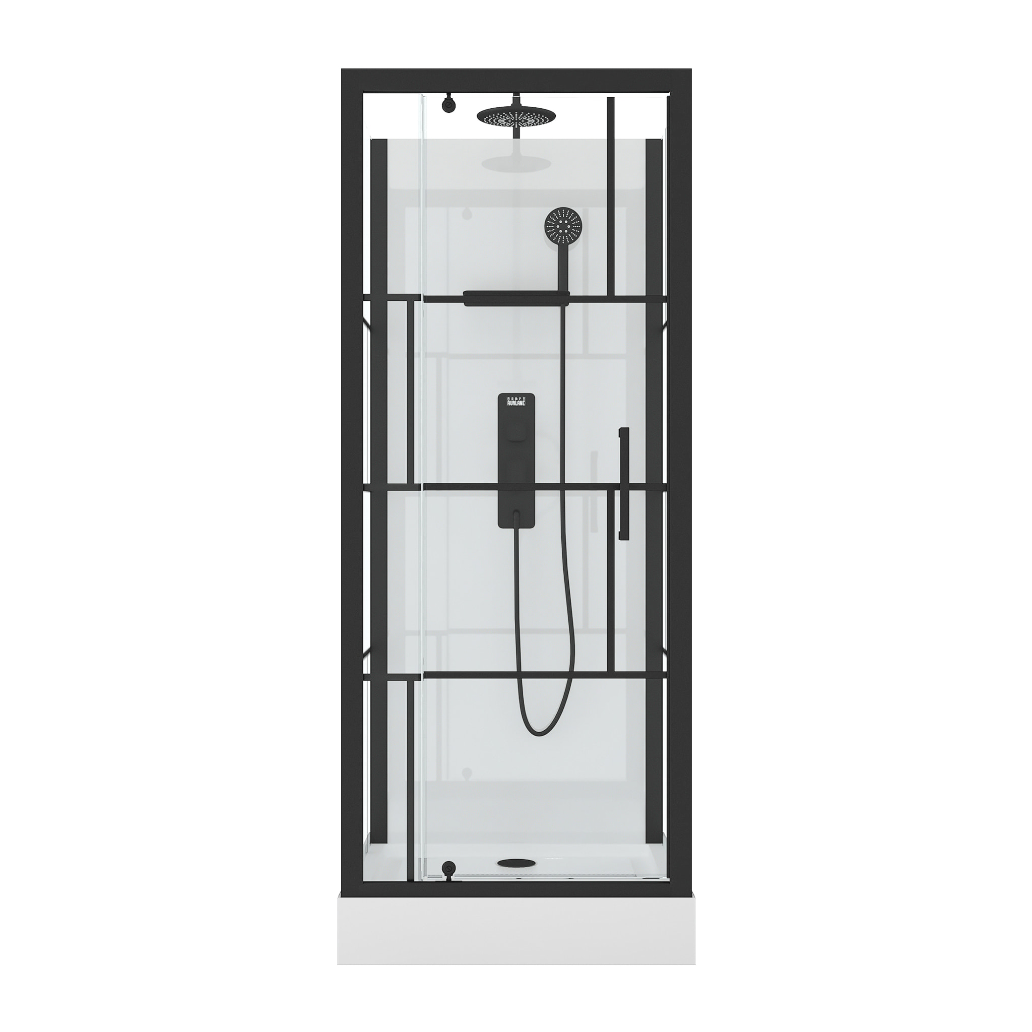 Cabine de douche Carrée 80x80x213 cm - Porte pivotante - Fond Blanc et Profilés Noir Mat - RUBIQ