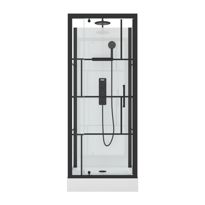 Cabine de douche Carrée 80x80x213 cm - Porte pivotante - Fond Blanc et Profilés Noir Mat - RUBIQ