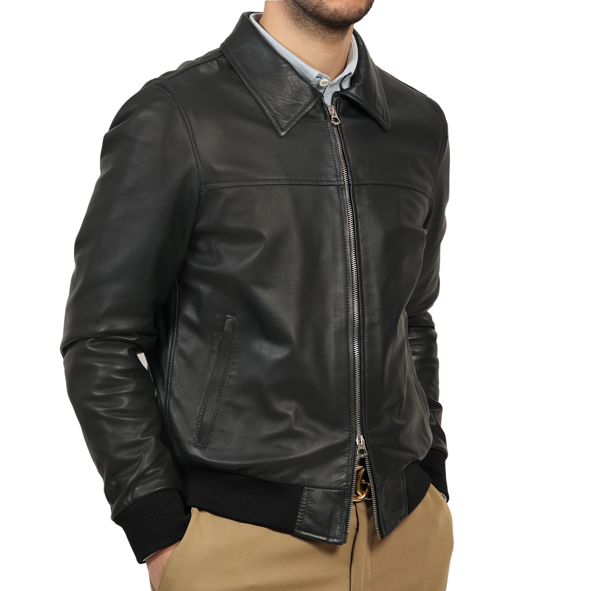 Giubbino in vera pelle di vitello Blu-Slim Fit