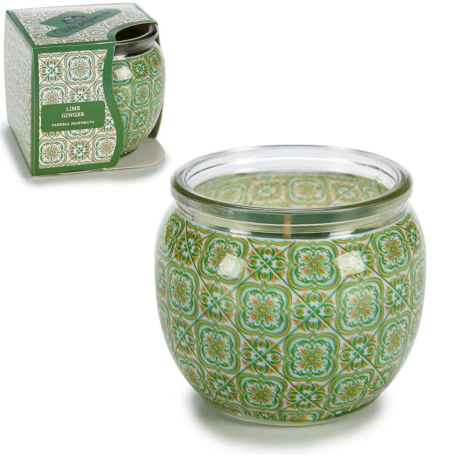 Candela profumata in barattolo di vetro odore di zenzero e lime.