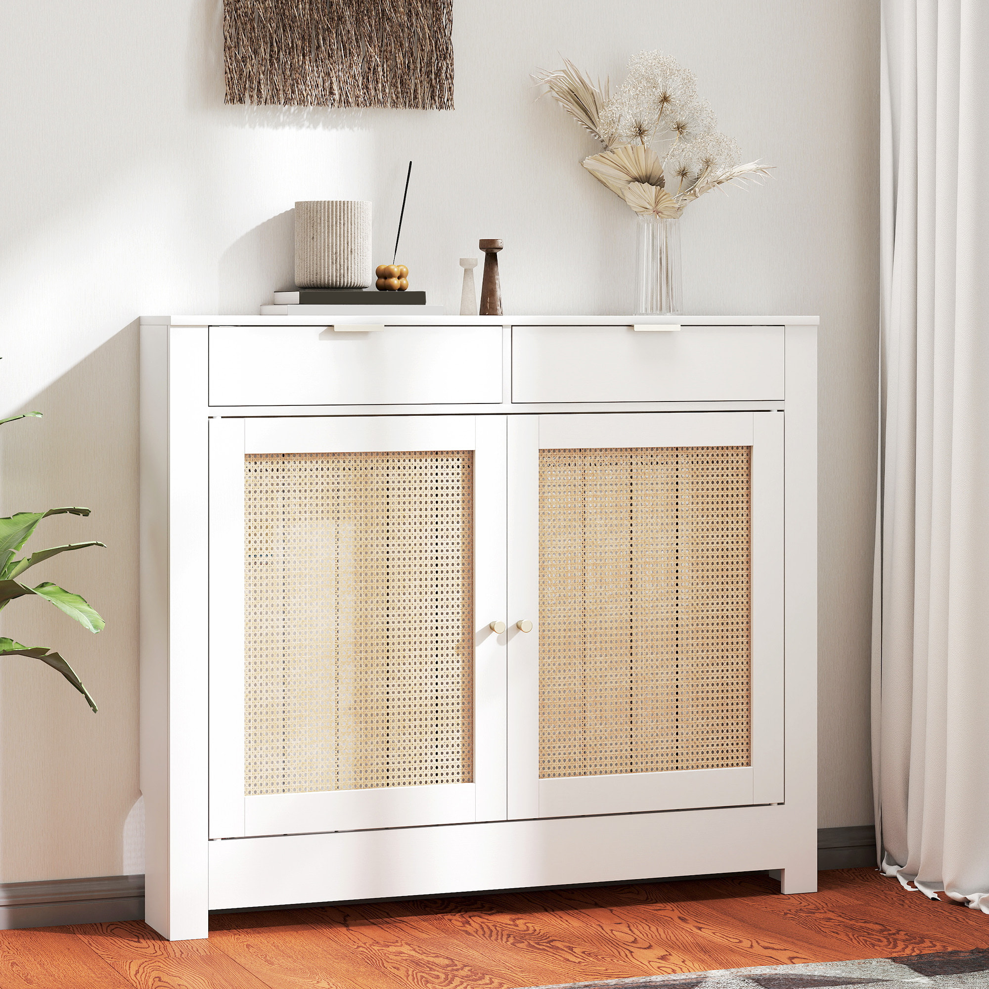 Cubre Radiadores con Puertas Abatibles y Ratán, Cubreradiador de MDF, 111x19x95,5 cm, Cubierta para Radiador, 2 Compartimentos, Diseño Bohemio, para Salón, Dormitorio, Blanco