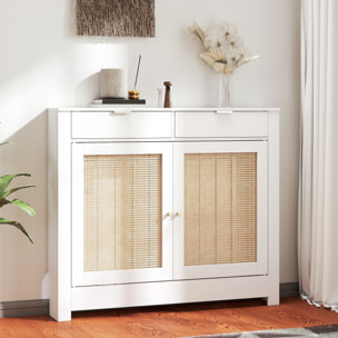 Cubre Radiadores con Puertas Abatibles y Ratán, Cubreradiador de MDF, 111x19x95,5 cm, Cubierta para Radiador, 2 Compartimentos, Diseño Bohemio, para Salón, Dormitorio, Blanco