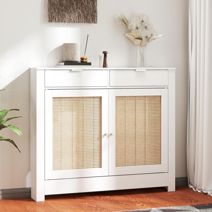 Cubre Radiadores con Puertas Abatibles y Ratán, Cubreradiador de MDF, 111x19x95,5 cm, Cubierta para Radiador, 2 Compartimentos, Diseño Bohemio, para Salón, Dormitorio, Blanco