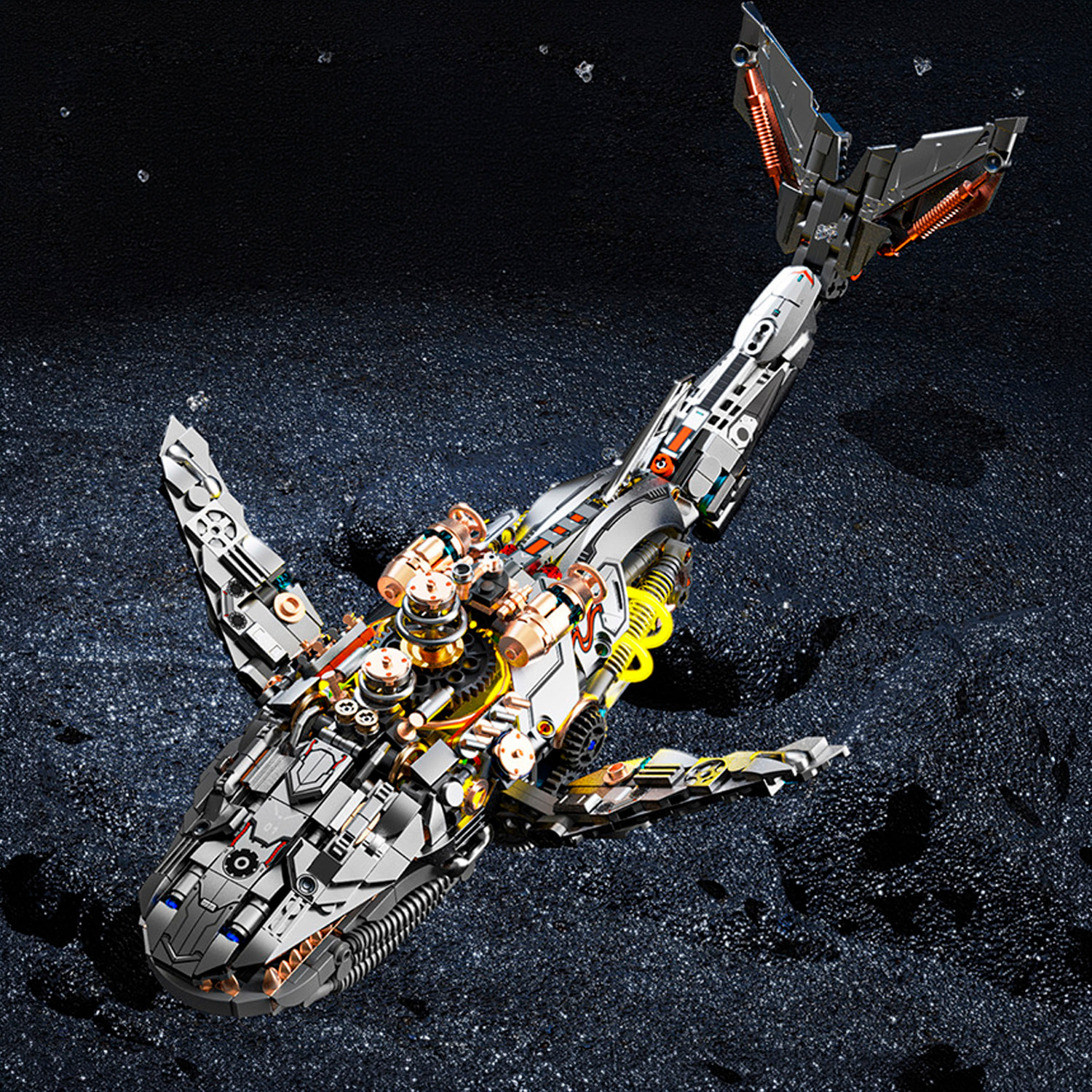 Maqueta 3D mecanizada de ballena con 1388 piezas, equipada con luces y mecanismo de manivela que permite movimiento dinámico.