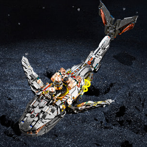 Maqueta 3D mecanizada de ballena con 1388 piezas, equipada con luces y mecanismo de manivela que permite movimiento dinámico.