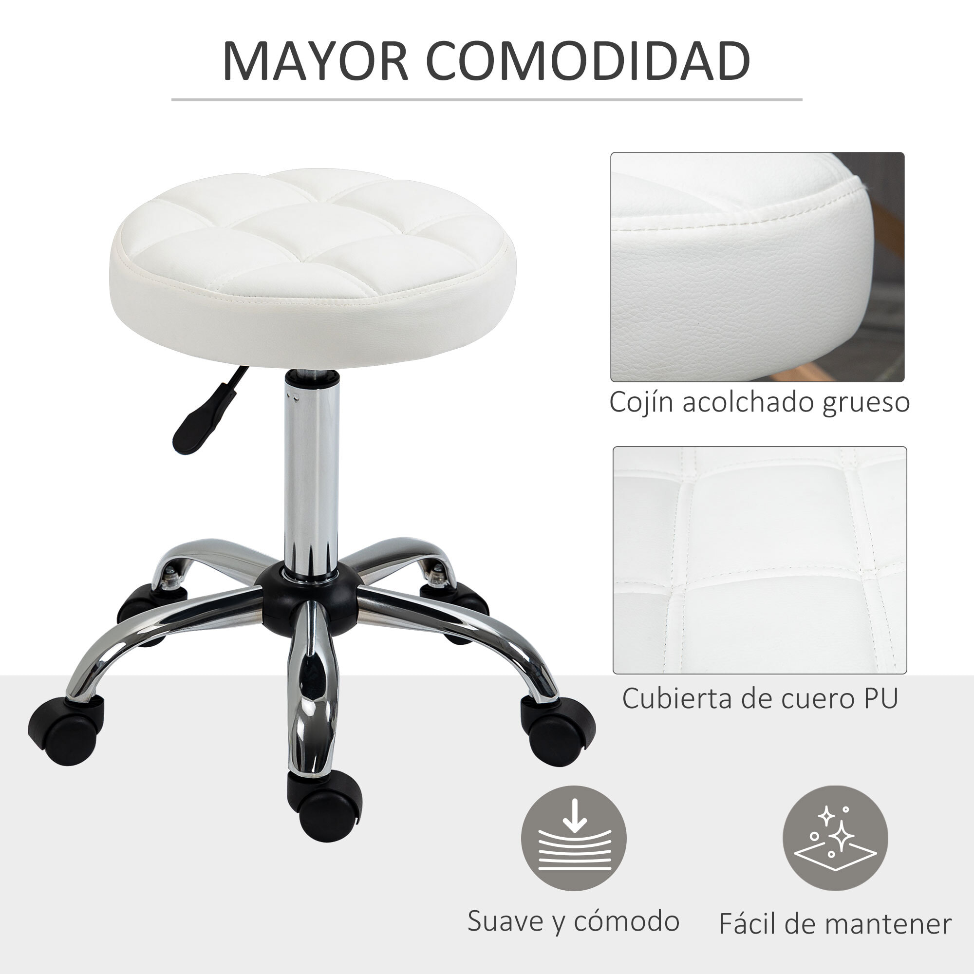 Taburete Giratorio con Ruedas Regulable en Altura de 48-63 cm Taburete de Trabajo Tapizado en Cuero PU para Peluquería Cosmética Dentista Diámetro Ø35,5 cm Blanco