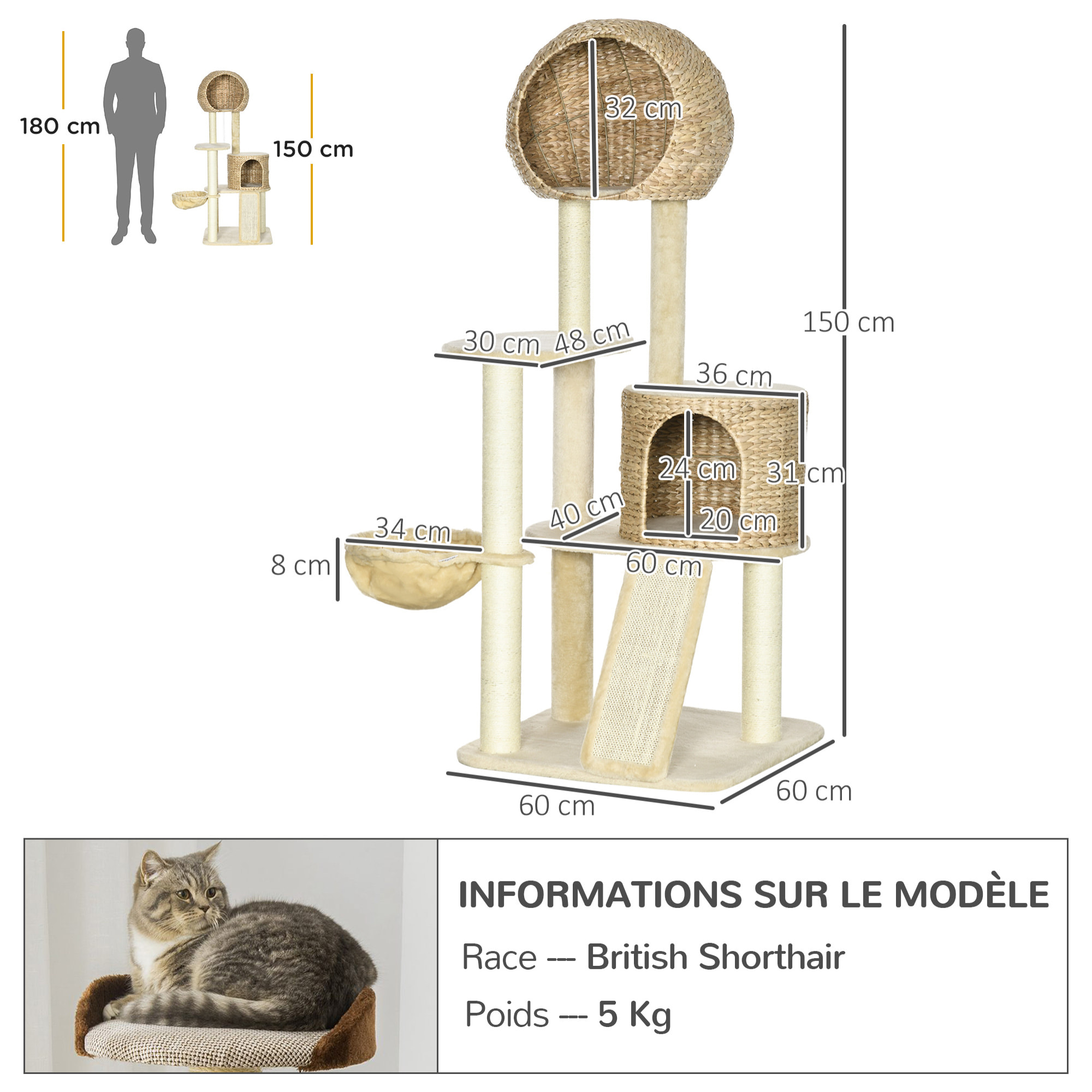 Arbre à chat style cosy chic griffoirs grattoir sisal 2 grandes niches plateforme hamac peluche courte beige jacinthe d'eau