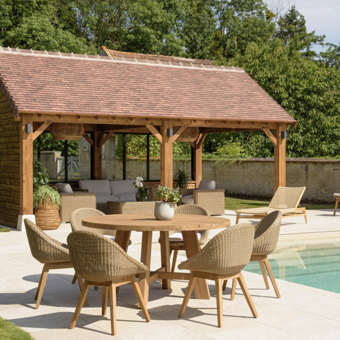 KALLY - Ensemble de jardin, table ronde en bois teck recyclé et rotin synth. 6 pers