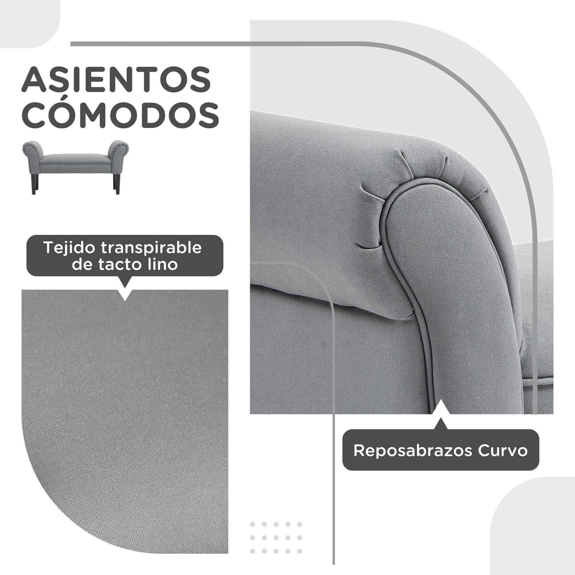 Banco Pie de Cama, Taburete Pie de Cama Tapizado en Lino Sintético con Patas de Madera, Reposabrazos y Asiento Acolchado, Estilo Moderno, Banco para Dormitorio, Entrada, Pasillo, Gris Oscuro