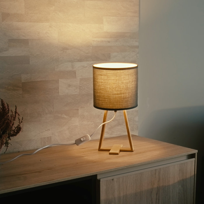 Forlight NUTS - (2 uds) Lámpara de Mesa de Estilo Nórdico. Para Mesita de Noche de Madera Natural y Textil de Color Gris. E27