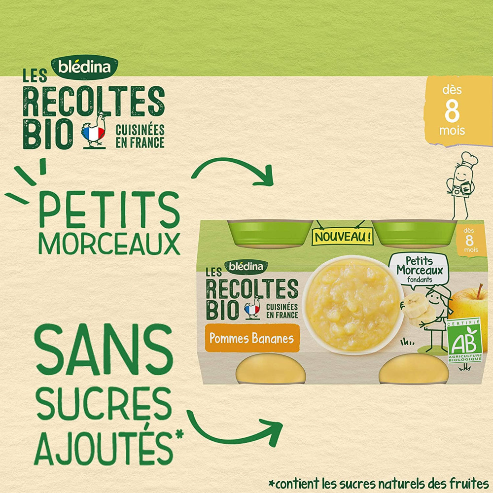 24 Petits Pots Pommes, Bananes Petits Morceaux 12x(2x130g) - Les Récoltes Bio Dès 8 Mois