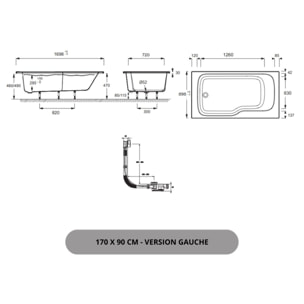 Pack baignoire bain douche 170 x 90 Malice version gauche + tablier en angle + pare bain + étagère pour pare bain