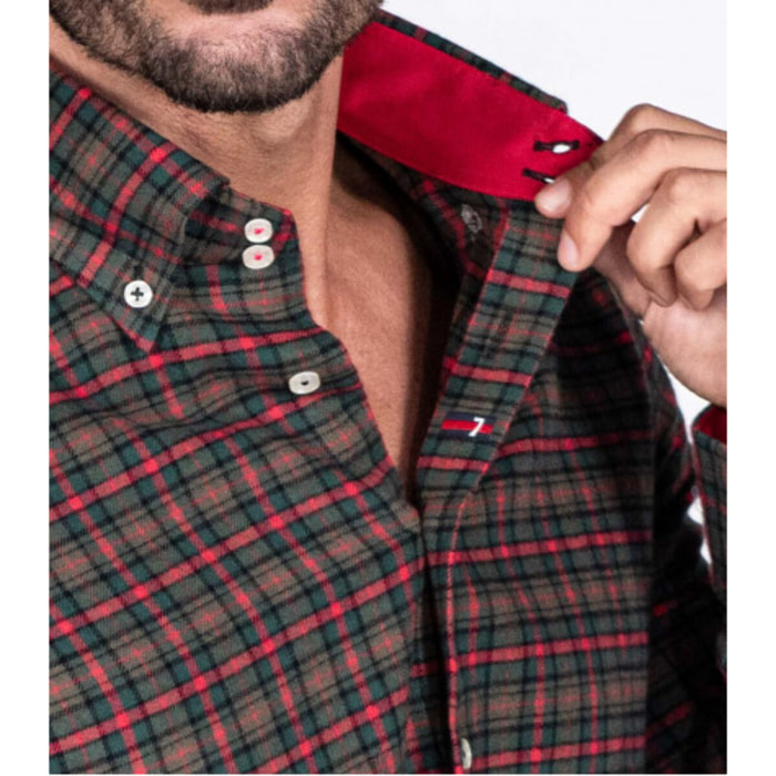 Camicia Uomo 2 Bottoni Button Down Slim Flanella Quadro Grande Nero/Rosso