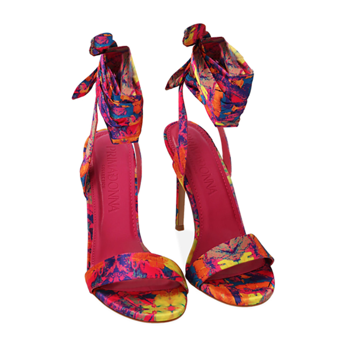 Sandalias de cordones de raso multicolor, tacón de 10,5 cm