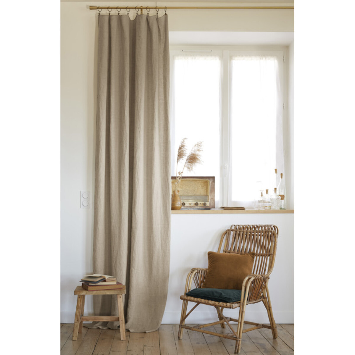 Rideau ajustable + 8 anneaux pince "Soline" 140 x 270 cm Lin lavé - Couleur: Soline Sable