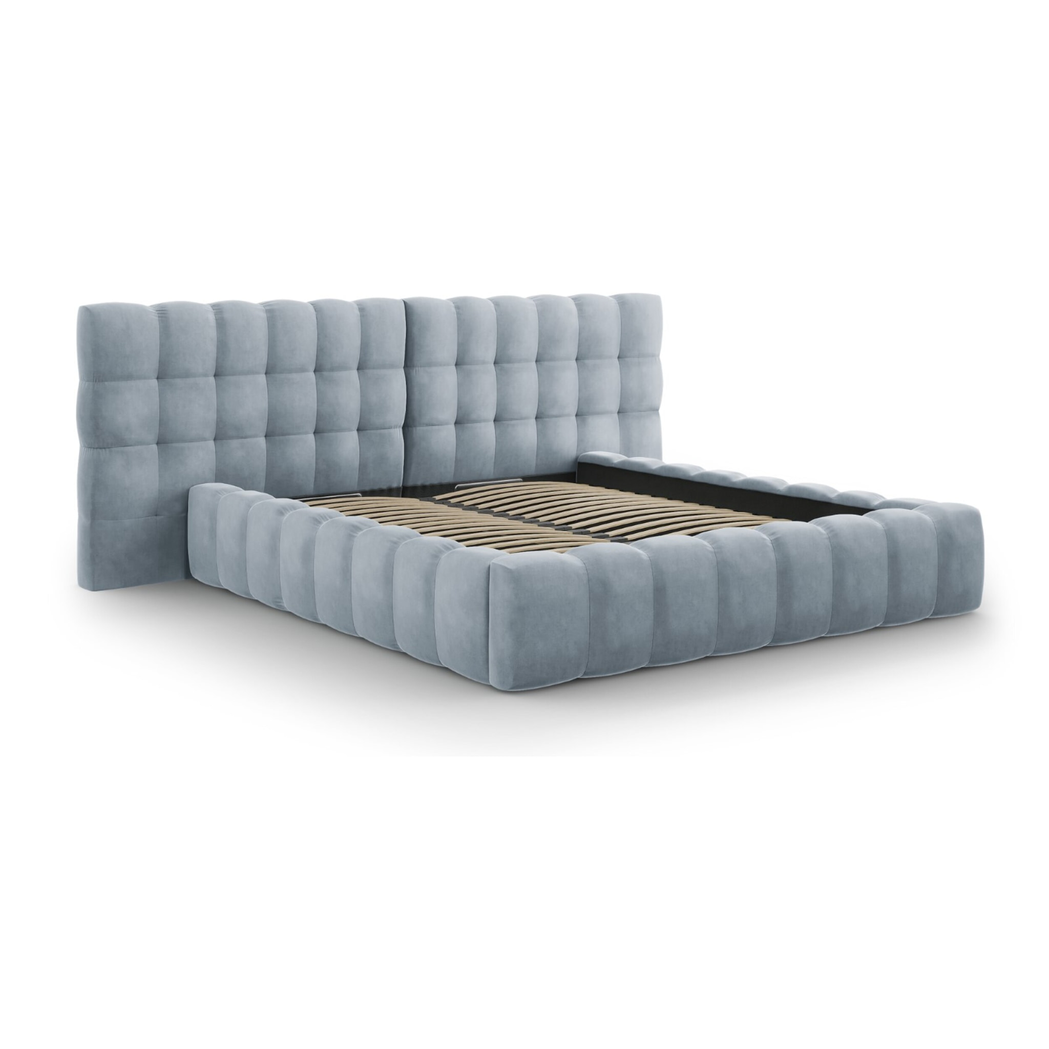 Lit coffre avec tête de lit double "Bali" 160x200cm en velours bleu clair