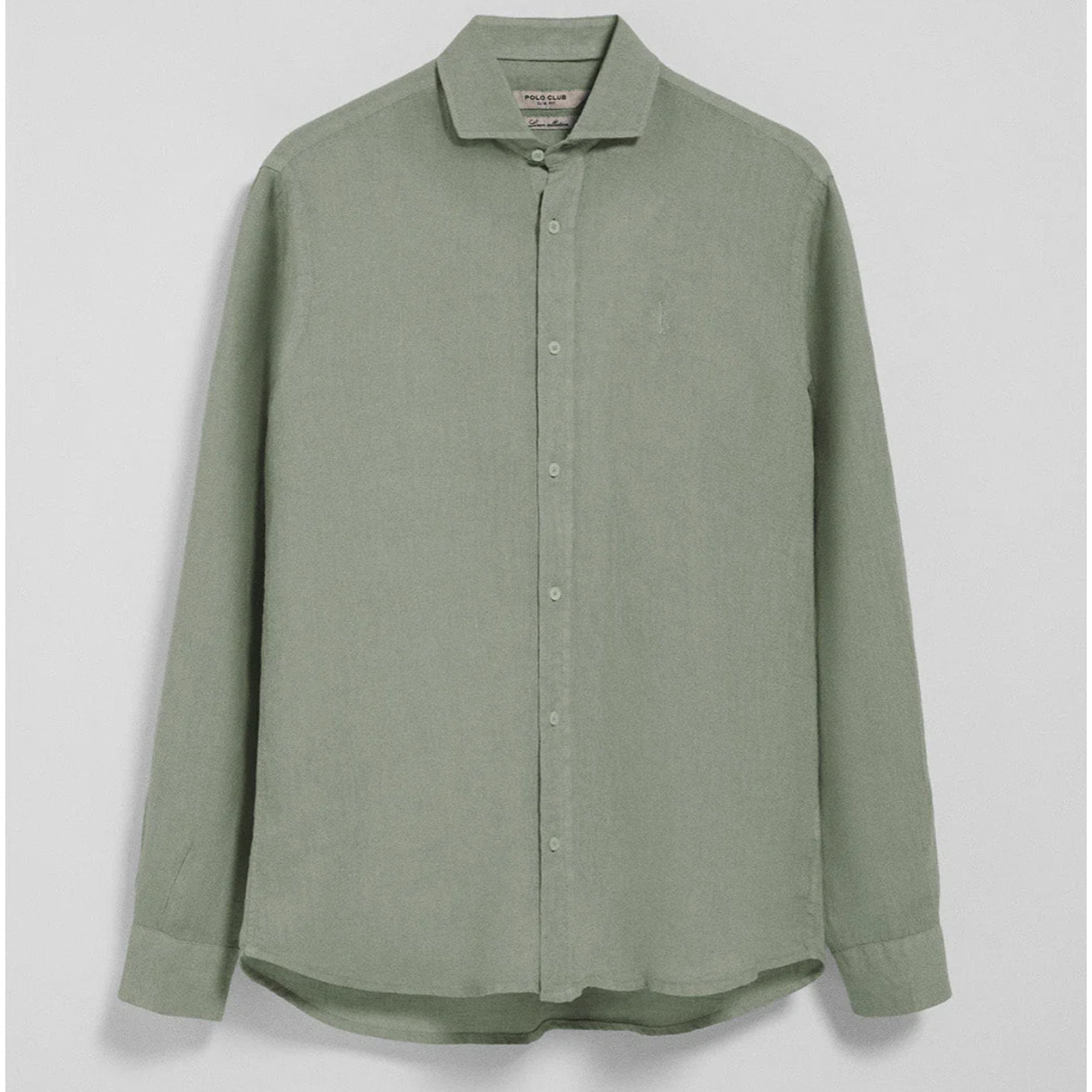 Camisa verde militar de lino garment dye con bordado Rigby Best