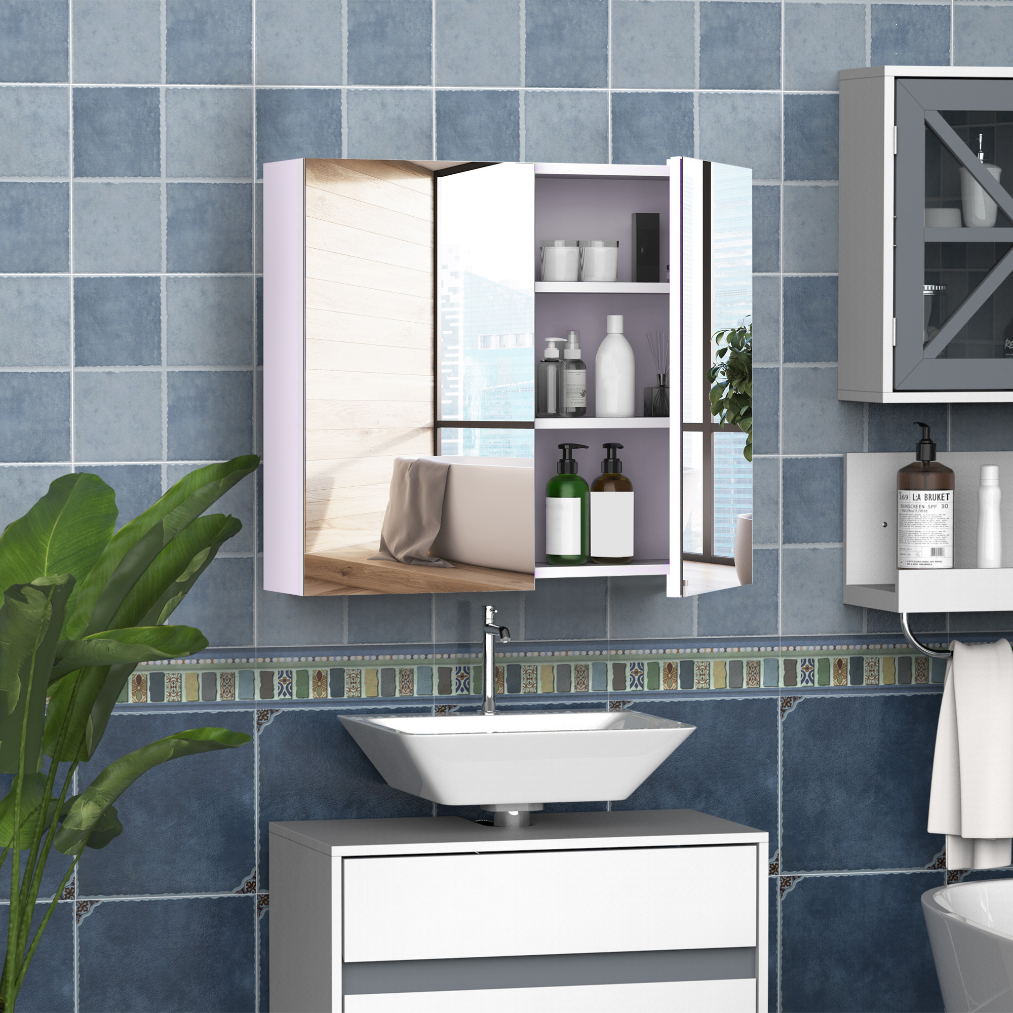 Armoire miroir murale de salle de bain 3 étagères réglables dim. 70L x 60H cm blanc