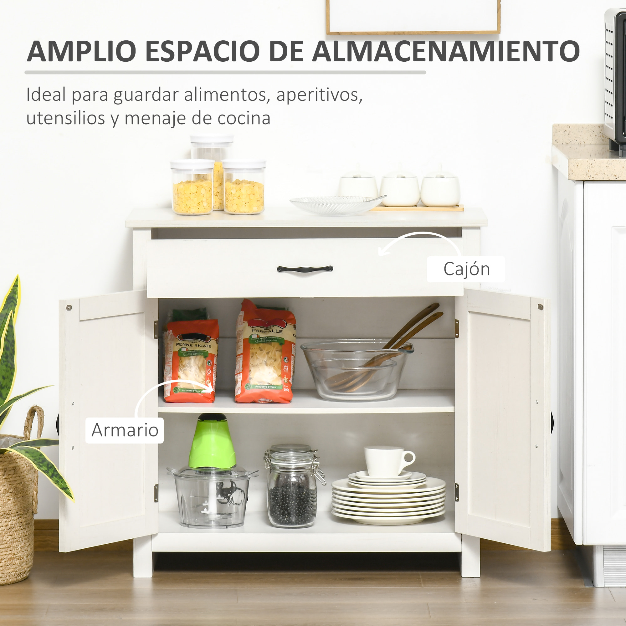 Aparador de Cocina con 1 Cajón 2 Puertas y Estante Interior Ajustable Mueble Auxiliar Decorativo para Comedor Salón 80x39,7x80 cm Blanco Lavado