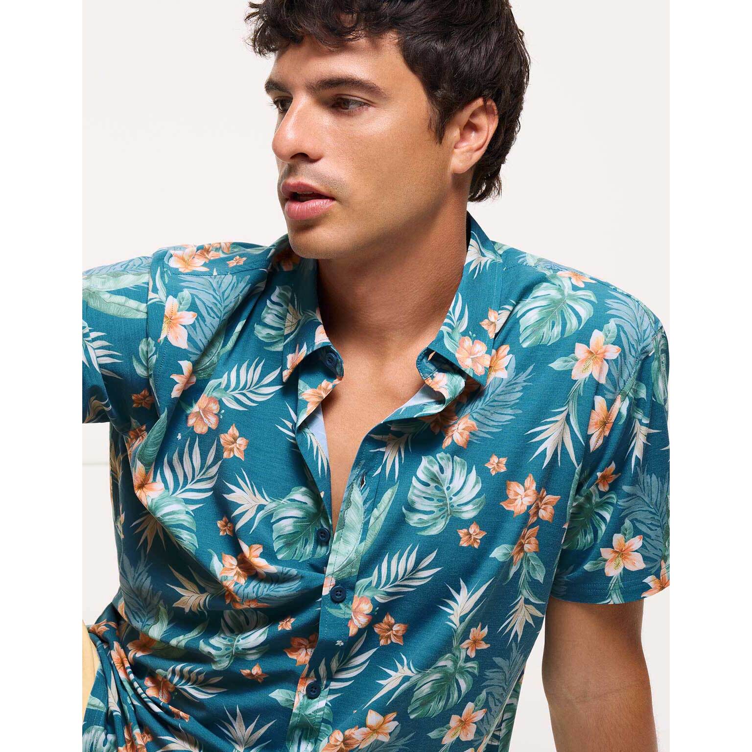 Camisa Flores Manga Corta Azul - Fiji