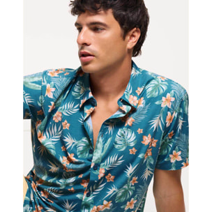 Camisa Flores Manga Corta Azul - Fiji