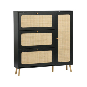 Meuble à chaussure cannage Bohème noir. 3 tiroirs. 1 porte. 21 paires. 120 x 24 x 125 cm