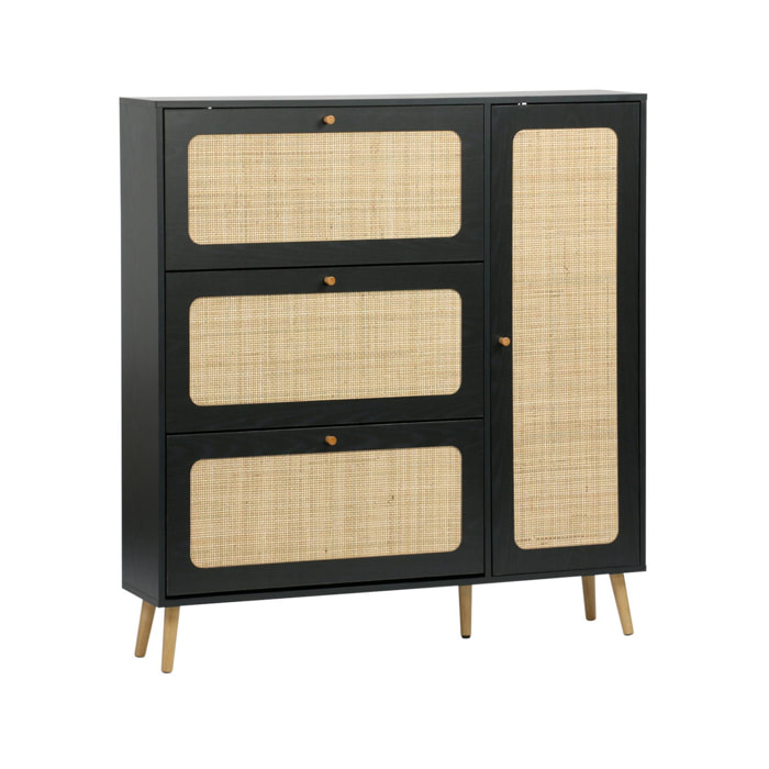 Meuble à chaussure cannage Bohème noir. 3 tiroirs. 1 porte. 21 paires. 120 x 24 x 125 cm