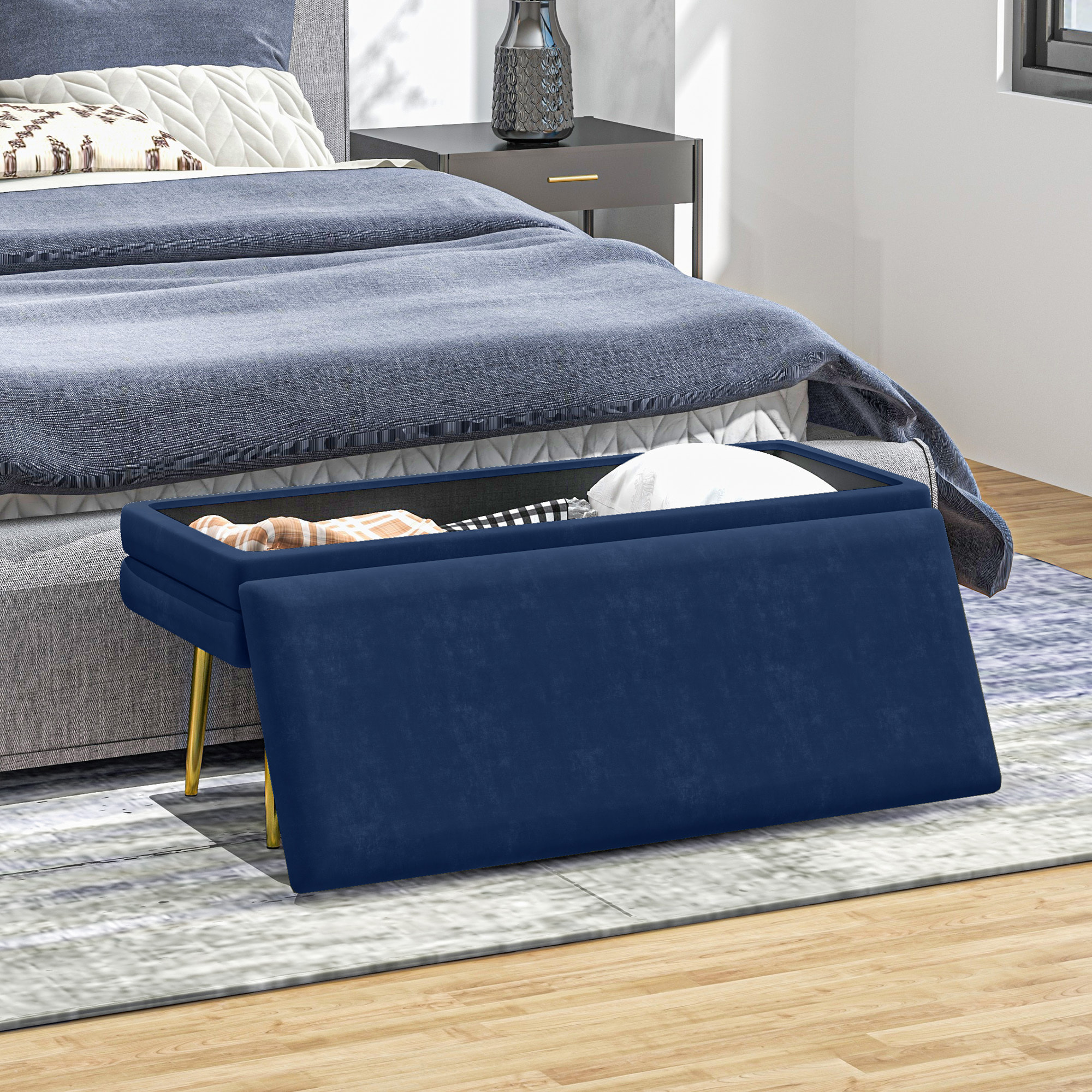 Banquette coffre de rangement 2 en 1 piètement effilé incliné acier doré velours bleu marine