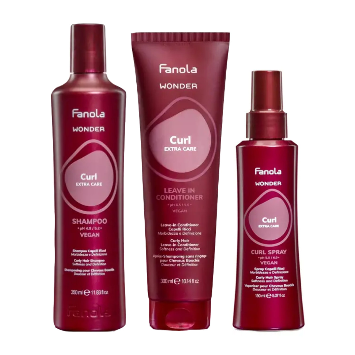 FANOLA Kit Wonder Curl Shampoo 350ml +  Leave In Conditioner 350ml + Spray 150ml