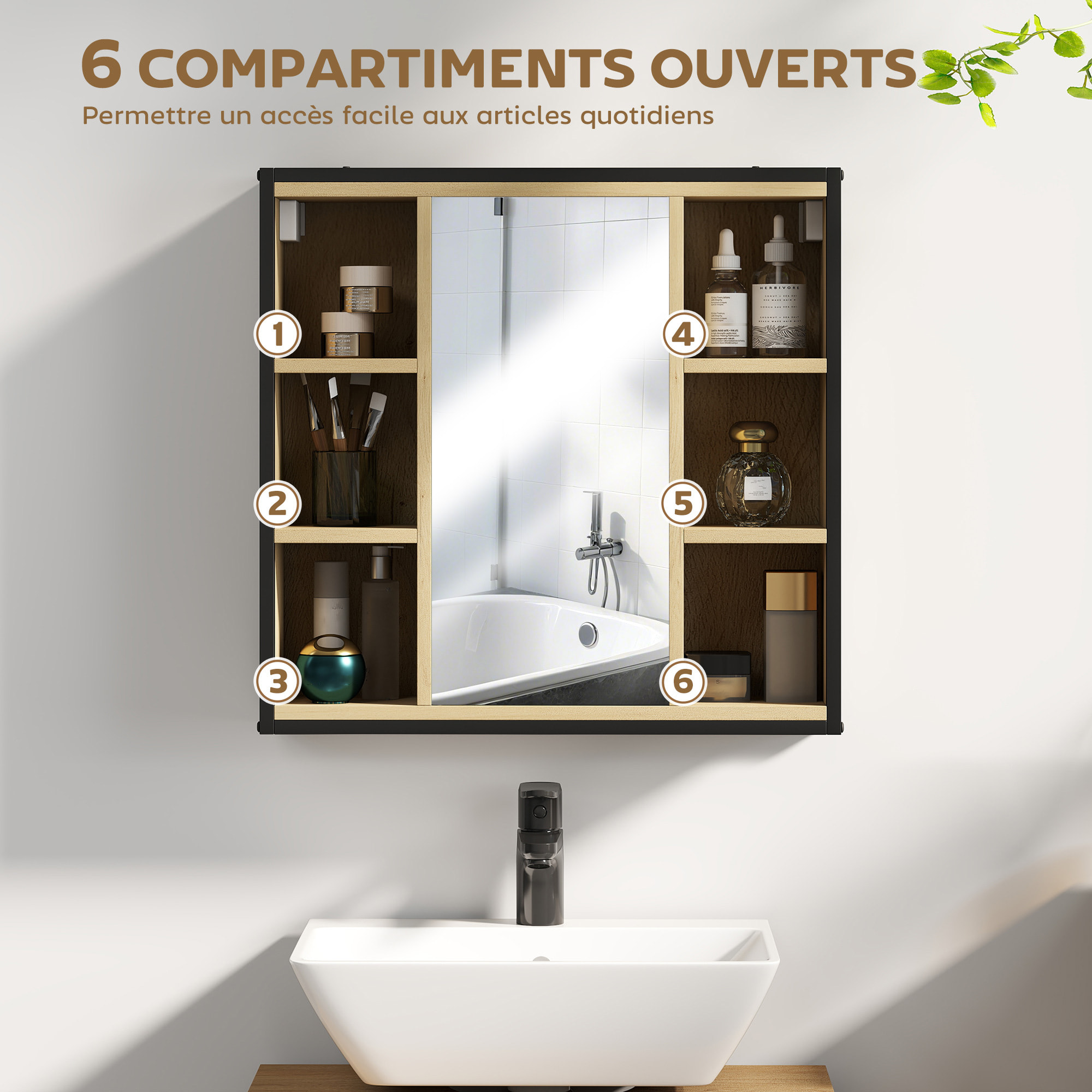 Armoire miroir murale salle de bain - 6 niches, porte, étagère - acier noir effet bois