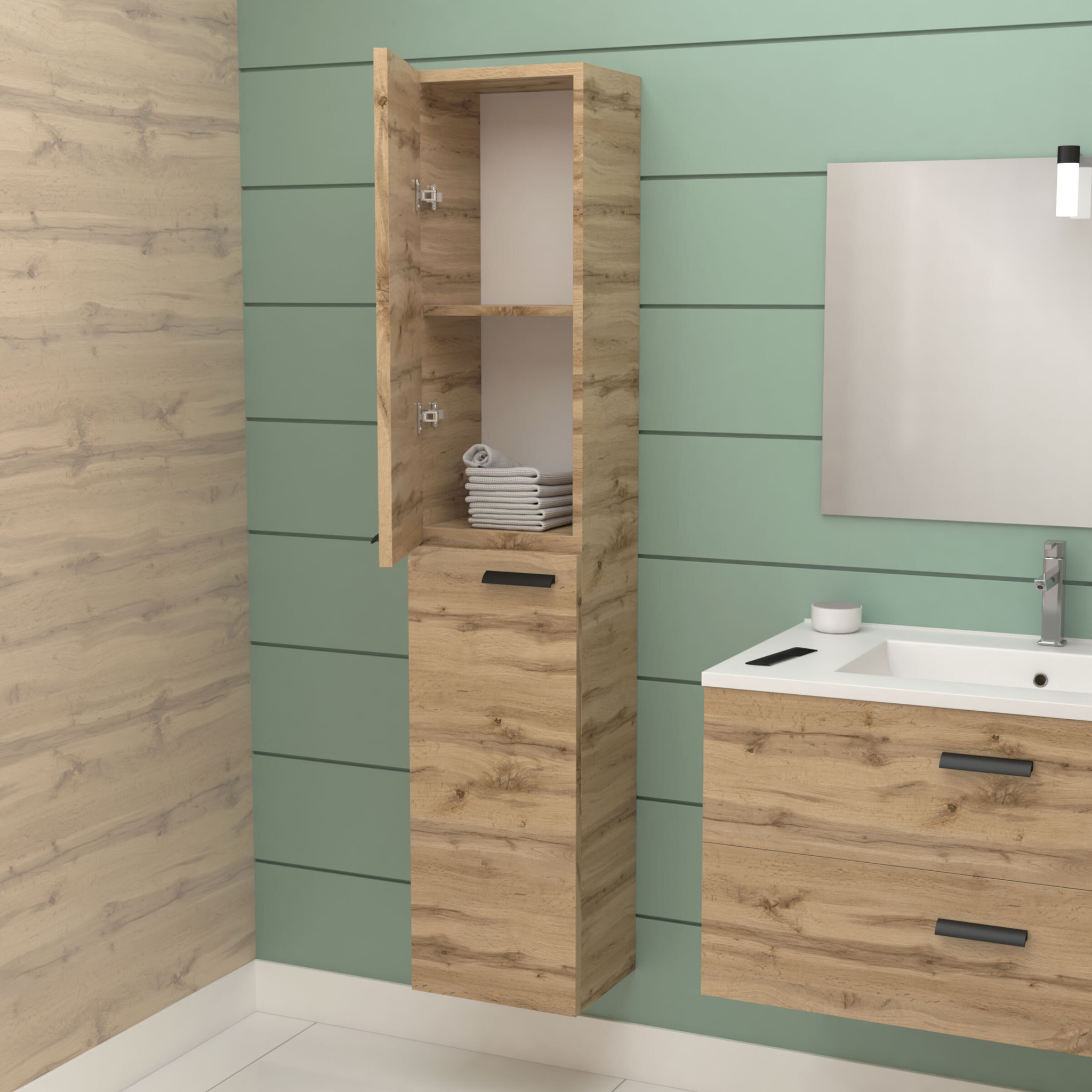Meuble Colonne de salle de bains en mélaminé décor bois 30x25x150cm - BOX-IN