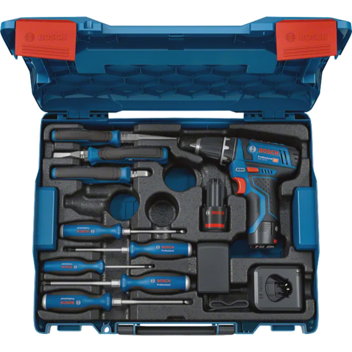 GSR 12V-15 Professional et outillage à main - BOSCH - avec 2 batterie 12V 2Ah - chargeur - L-Boxx - 060186810R