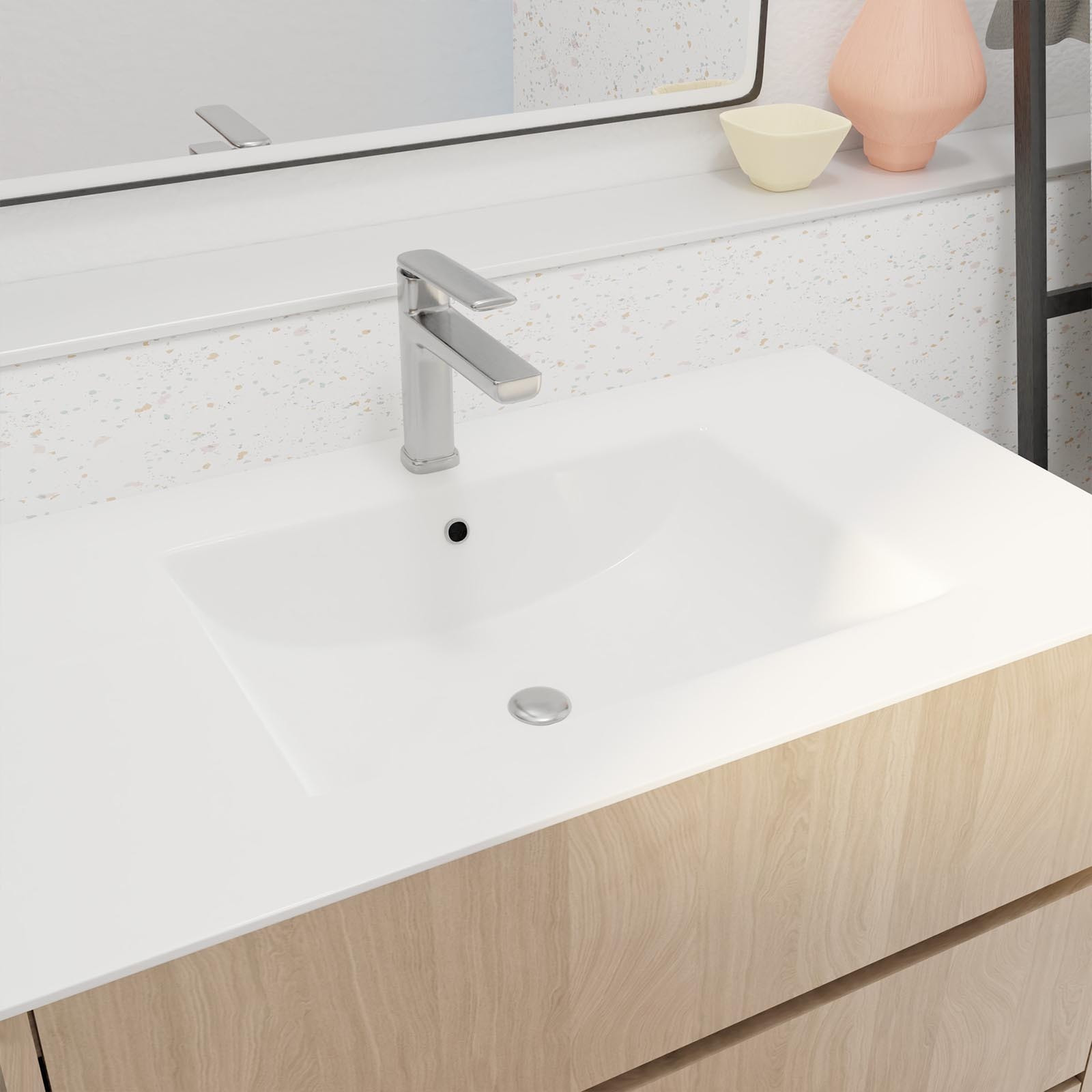 Pack Meuble Salle de Bains 80 cm Chêne Clair, 3 tiroirs avec Vasque Céramique - XENOS
