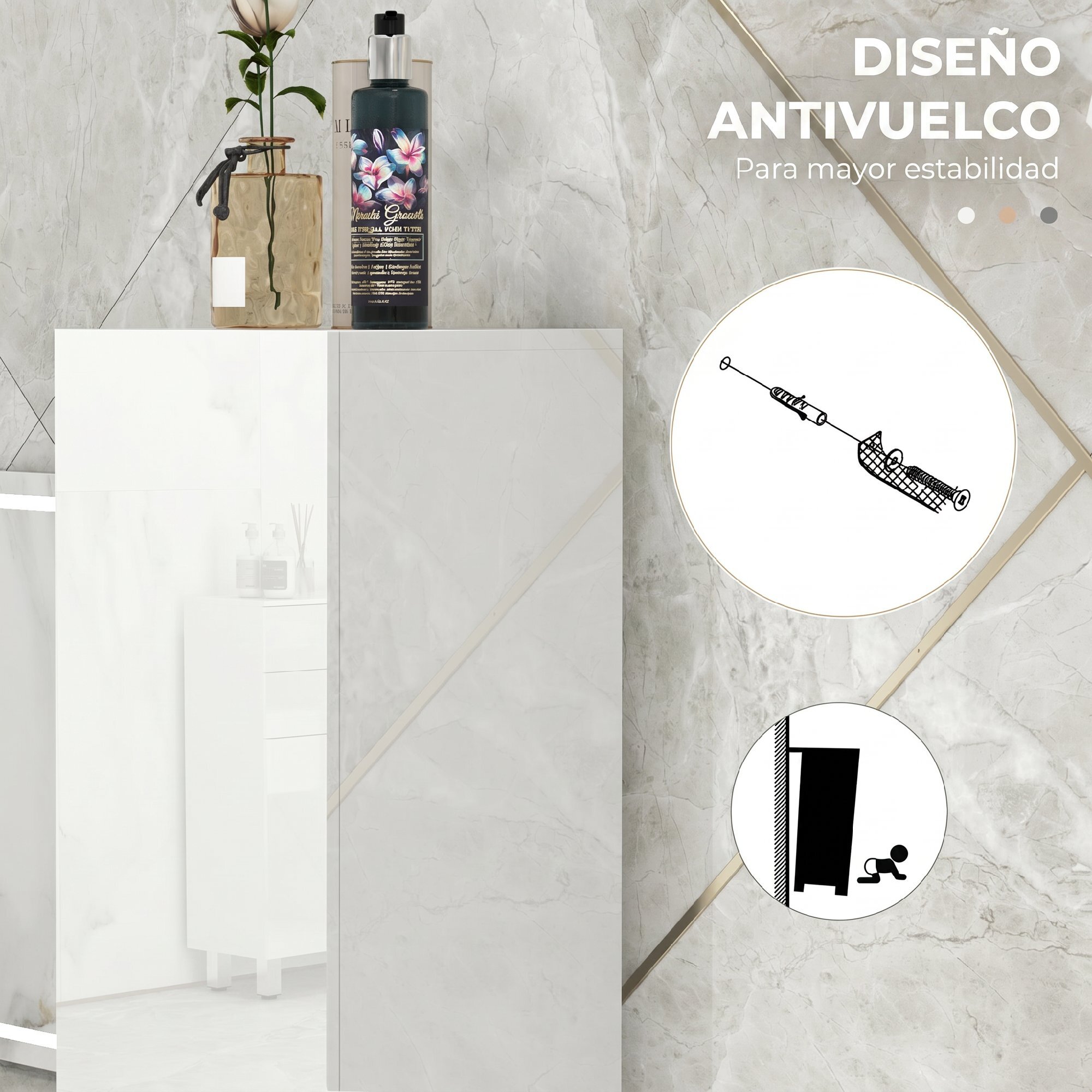 kleankin Armario de Baño Alto, Mueble de Baño Estrecho con Puertas y Estantes Ajustables, 30x30x81,5 cm, Blanco Brillo