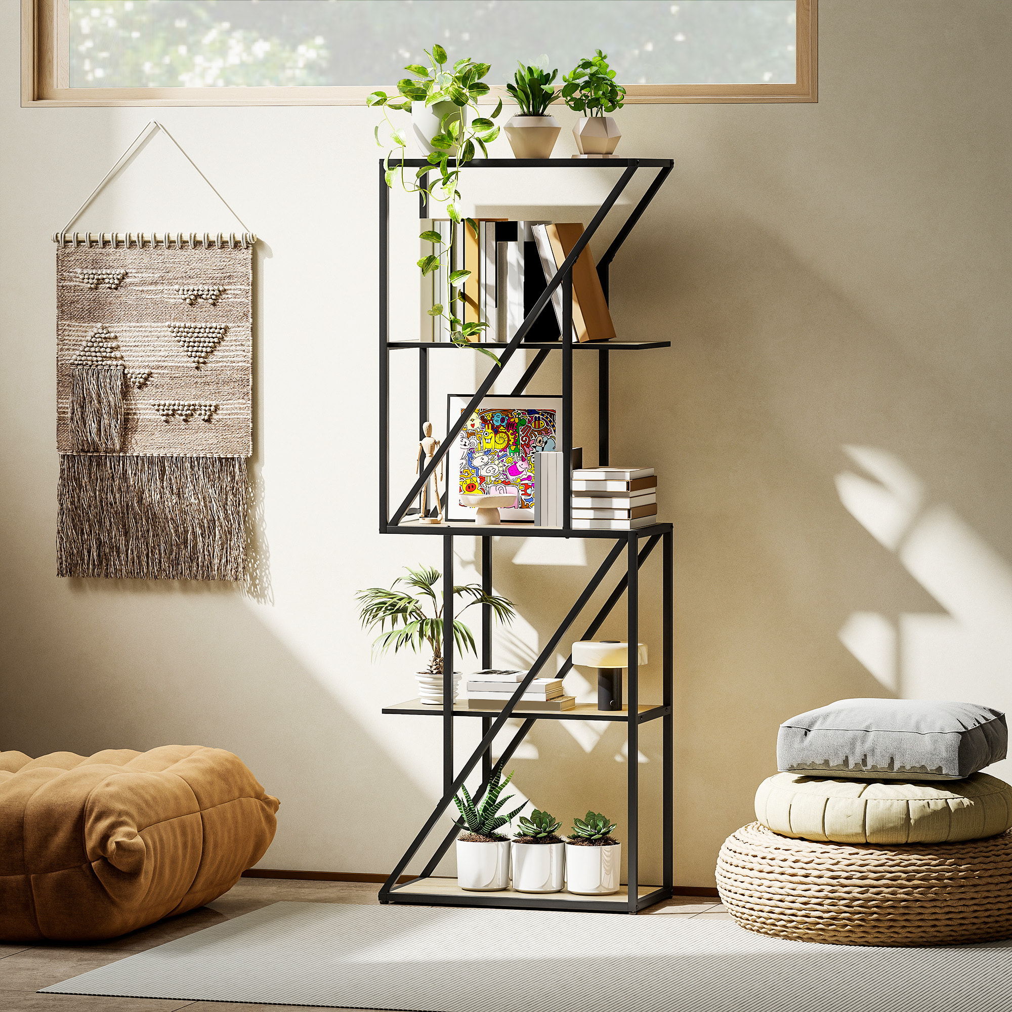 Librería de 5 Niveles, Estantería para Libros Industrial con Estantes Abiertos y Marco de Acero Entrecruzado, para Salón, Dormitorio, Oficina, 60x30x165 cm, Roble