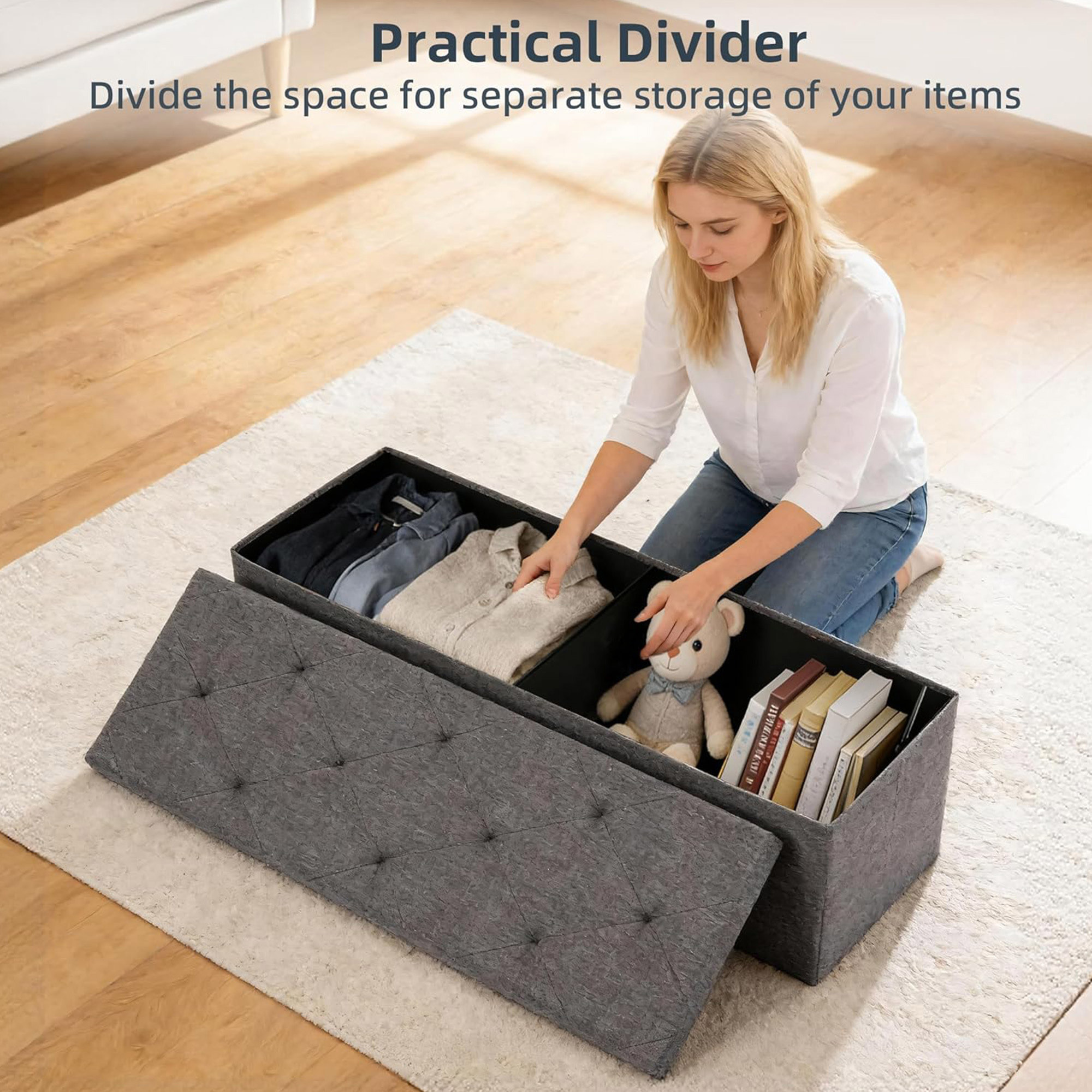 Nemora 110 - Cassapanca Ottomana 109x38x38 cm Pouf Contenitore Poggiapiedi in Tessuto Grigio