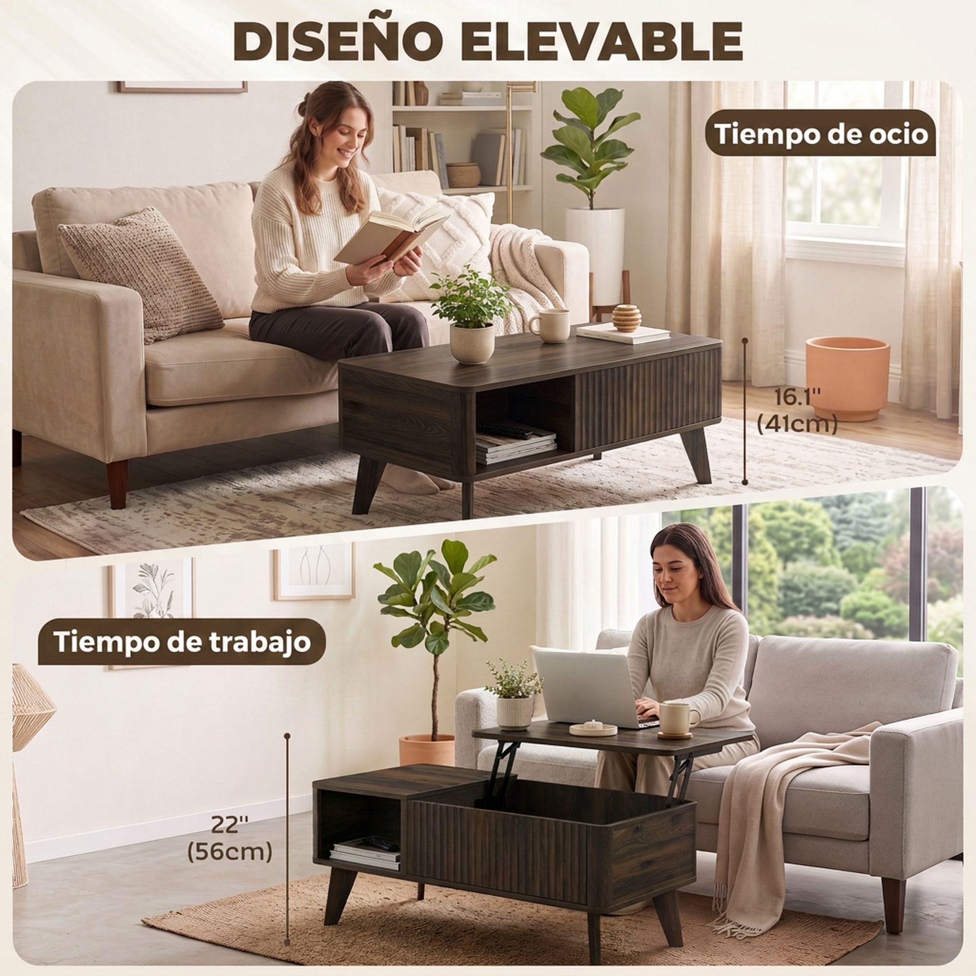 HOMCOM Mesa de Centro Elevable con Almacenaje, Mesa de Café para Salón con Compartimento Oculto, Estantes Abiertos, Frontal Ondulado y Esquinas Curvas, para Comedor, 100x48x41-56 cm, Nogal