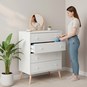 Comò A 4 Cassetti Comodino Stile Scandinavo Cassettiera Settimino Per Camera da Letto Con Gambe Nordiche Guide Metalliche 77.5x40x95 Cm Bianco Opaco