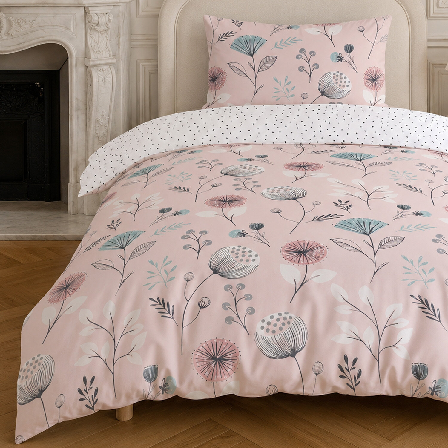Parure housse de couette en coton motif floral rose, Olia