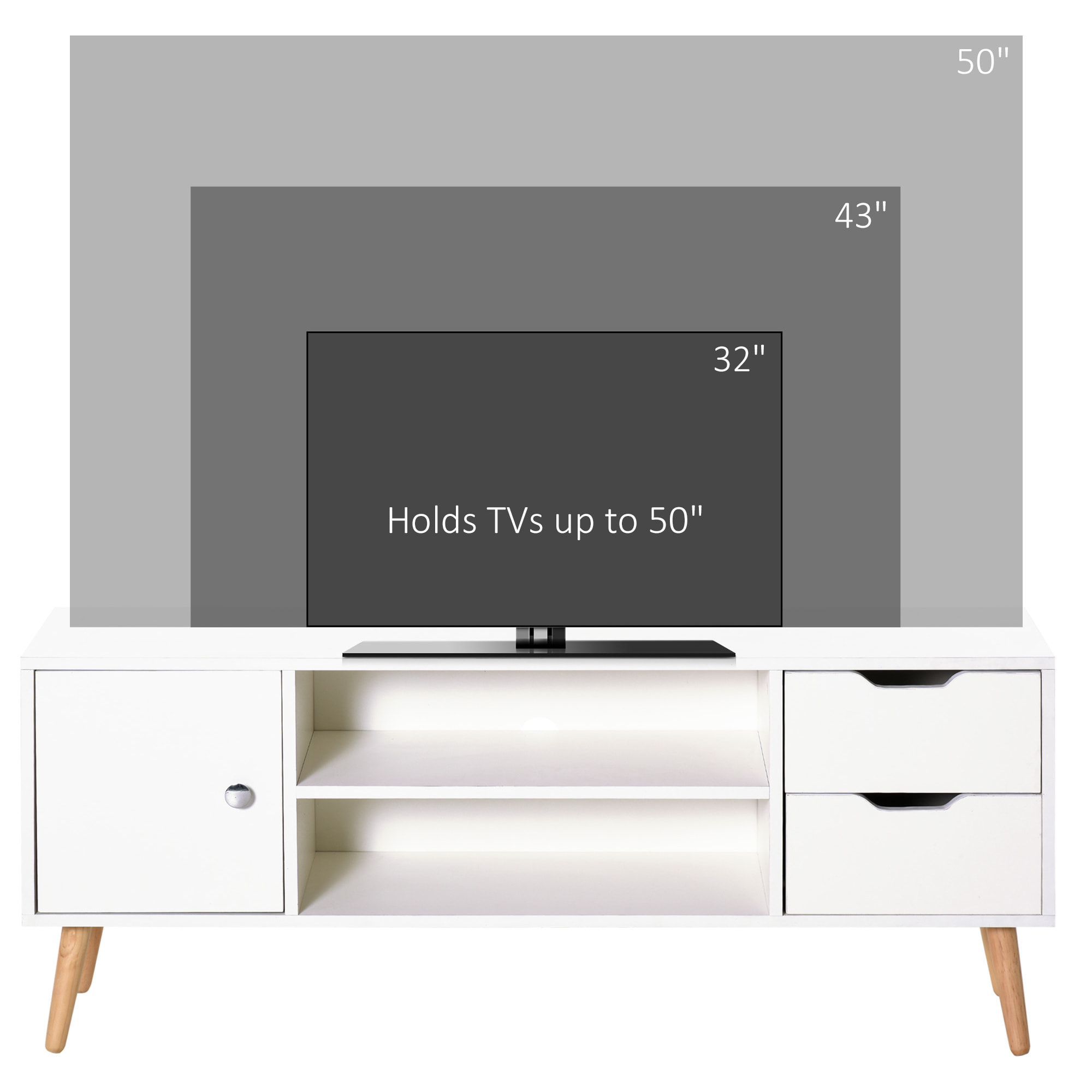 Mueble de TV 120x28x44cm con Armario Estantes Abiertos Cajones Carga 30kg Blanco