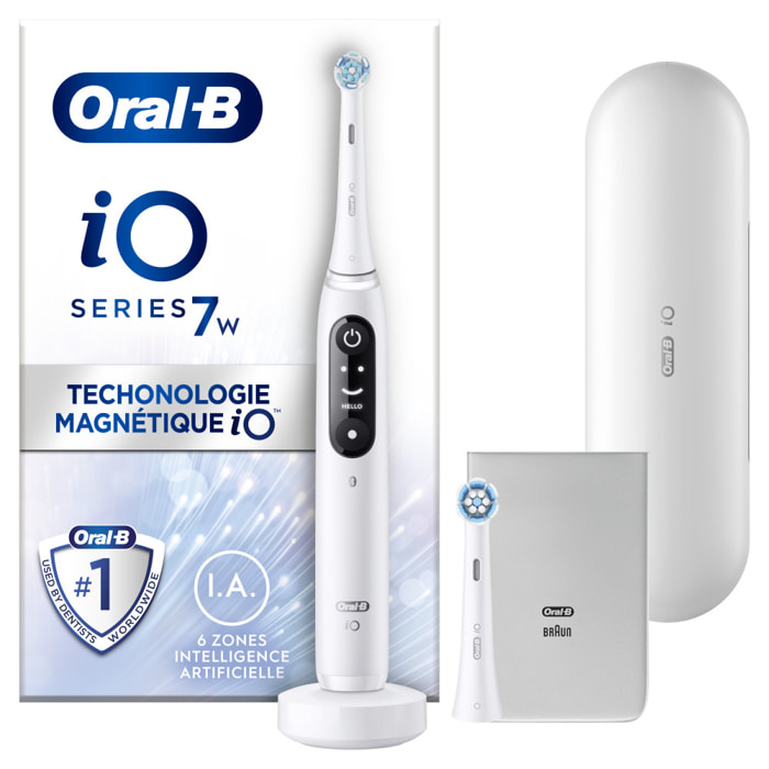 Oral-B iO 7W - Avec Etui de Voyage et Pochette pour Chargeur - Blanche - Brosse À Dents Électrique