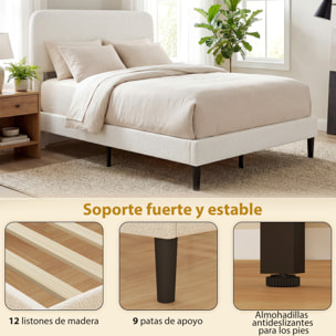Cama Tapizada en Borreguito, 135x190 cm, Cama Matrimonio con Cabecero Ajustable en Altura, Listones de Madera, Blanco