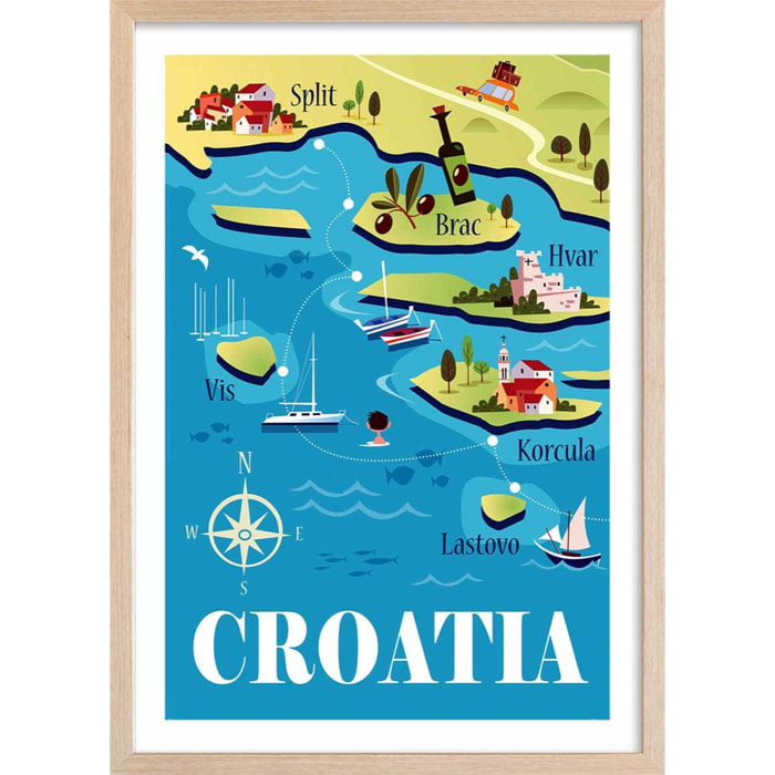 Poster de les iles de croatie Affiche + cadre en bois - Chêne