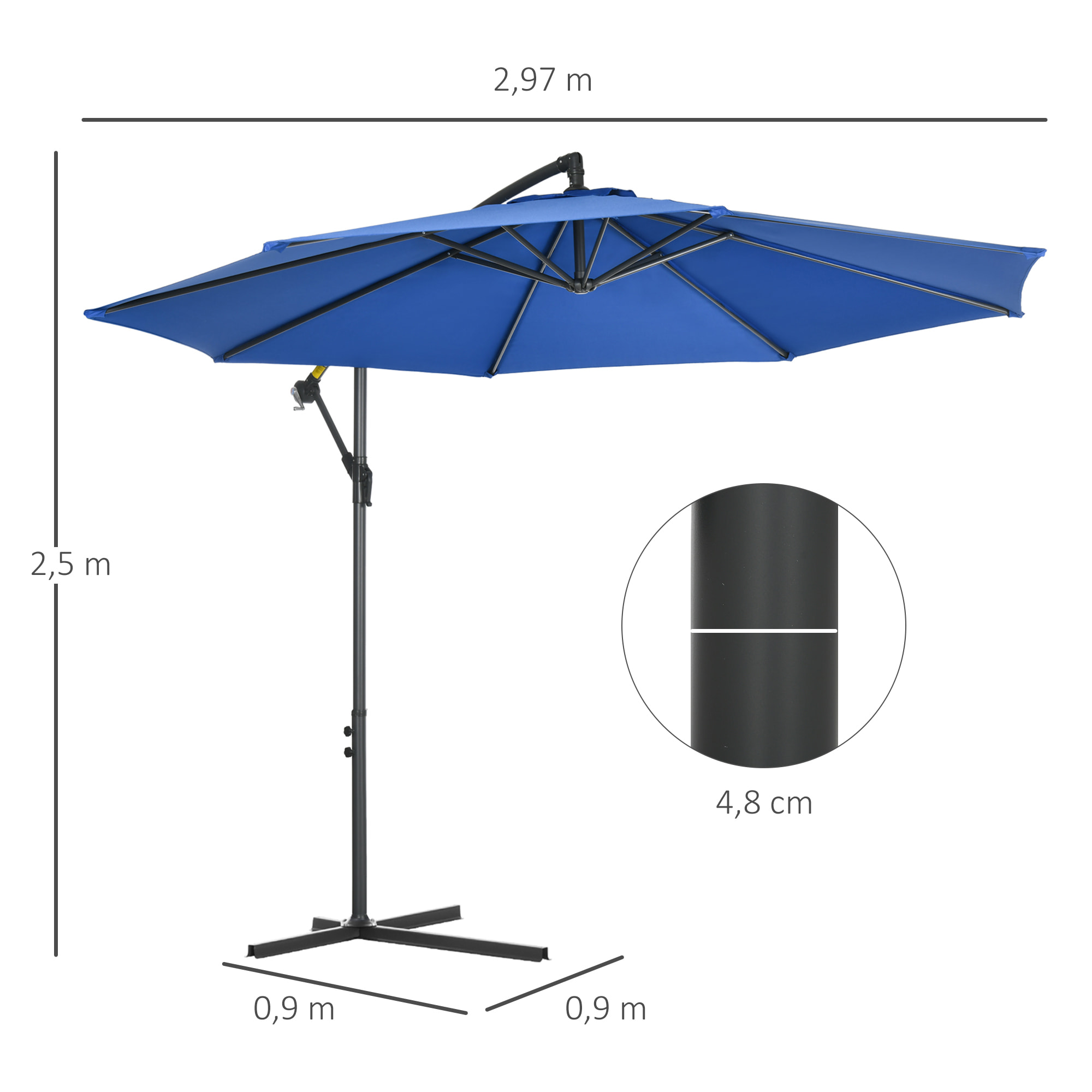 Parasol déporté octogonal inclinable rabattable diamètre 2,97 m parasol de jardin avec pied en croix bleu