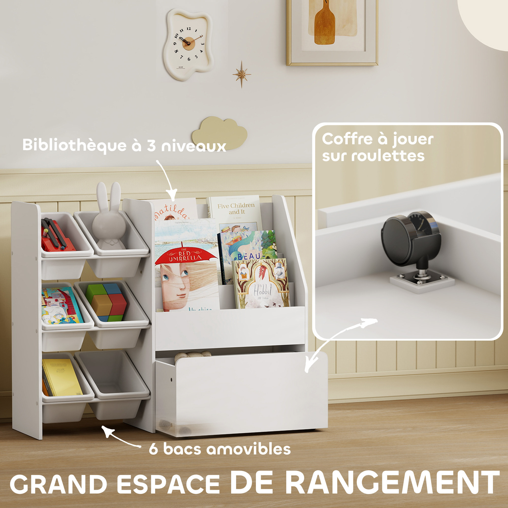Rangement enfant 3 en 1 - structure bacs x 6, coffre à jouet, bibliothèque - blanc